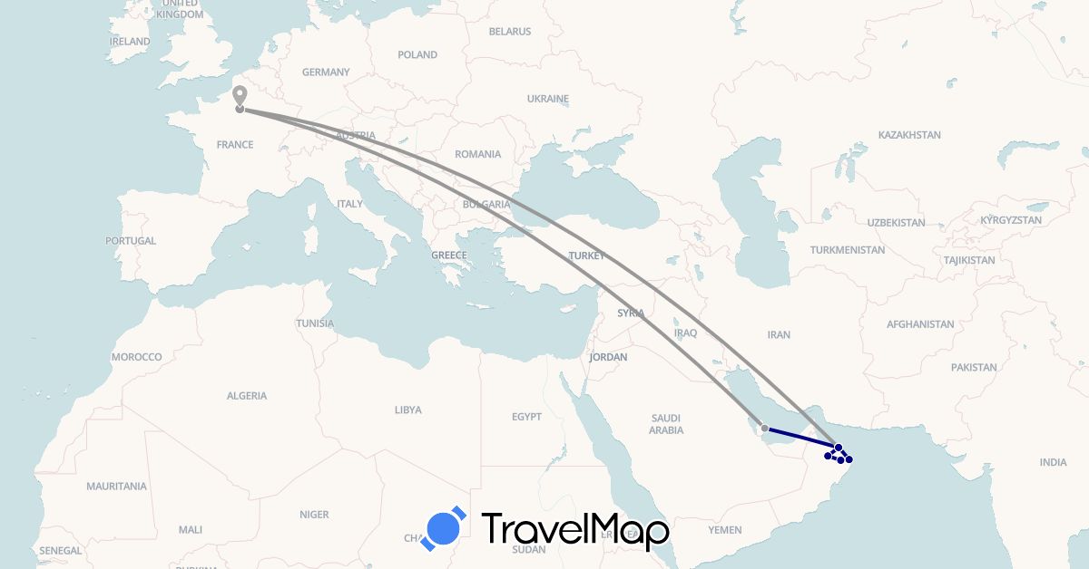 TravelMap itinerary: driving, plane in France, Oman (Asia, Europe)